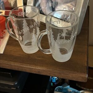 Vintage Starbucks Frosted Glass Mugs with Reindeer and Tree Design